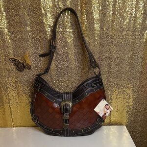 American West Two Tone Quilted Brown Woven Shoulder Bag
